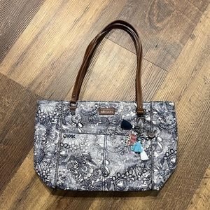 Sakroots carry all tote canvas covered leather straps navy blue owl keychain‎